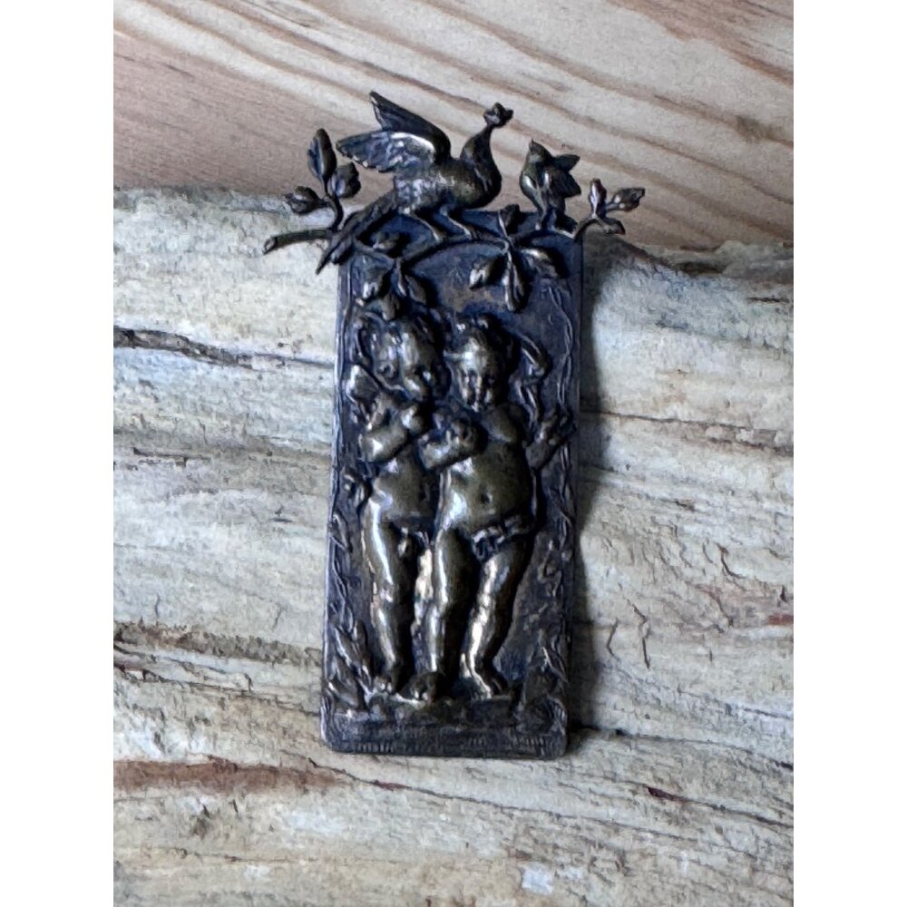 Antique Brass Cherub Brooch Pin Putti Bird Detail & Floral Accents